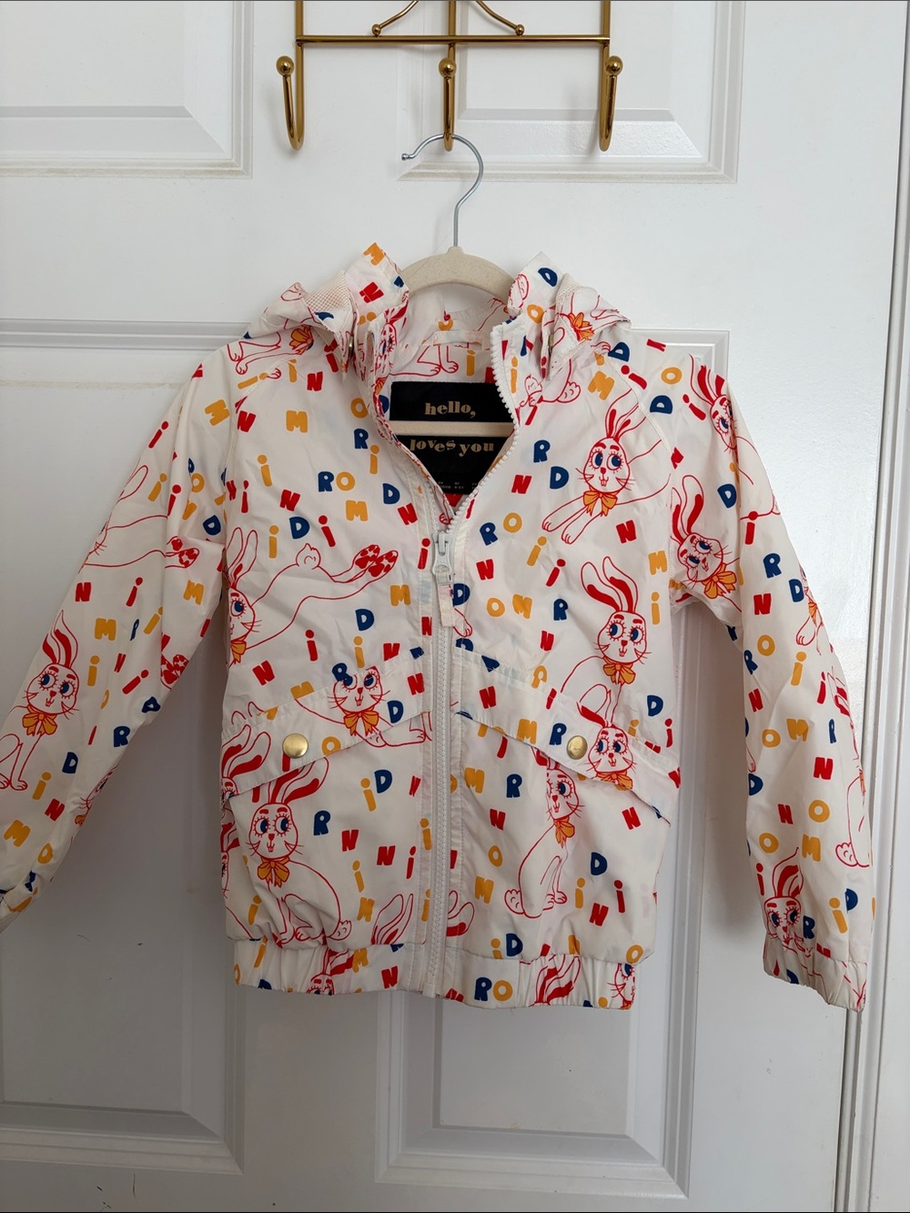 Mini Rodini White Bunny Print Hooded Windbreaker